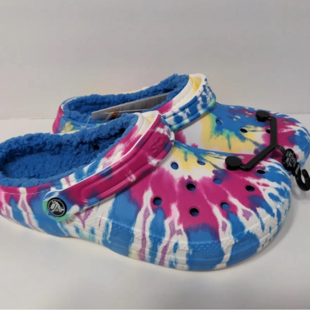 Crocs White Classic Lined Tie Dye (Blue, Pink) Clogs US Women 9 / Men 7